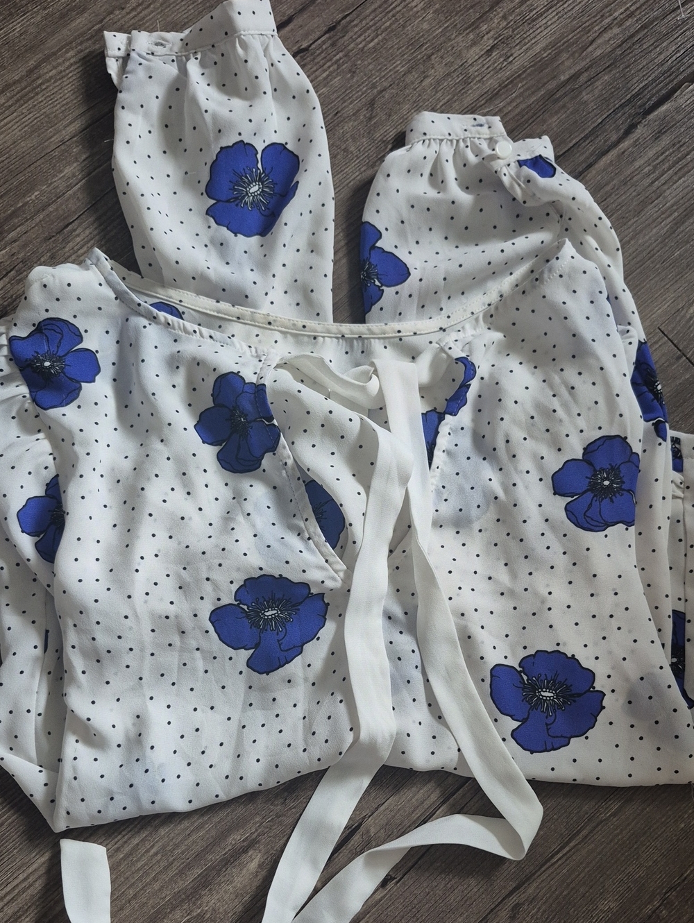 George White Blouse with Blue Poppy Print and Black Dots